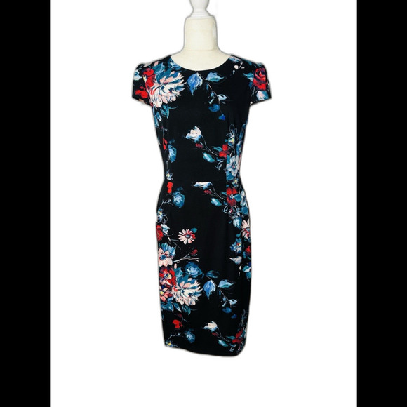 Betsey Johnson Sheath Sz 8 Black Floral Cap Sleeve Fitted Knee Pencil Dress - Picture 3 of 11